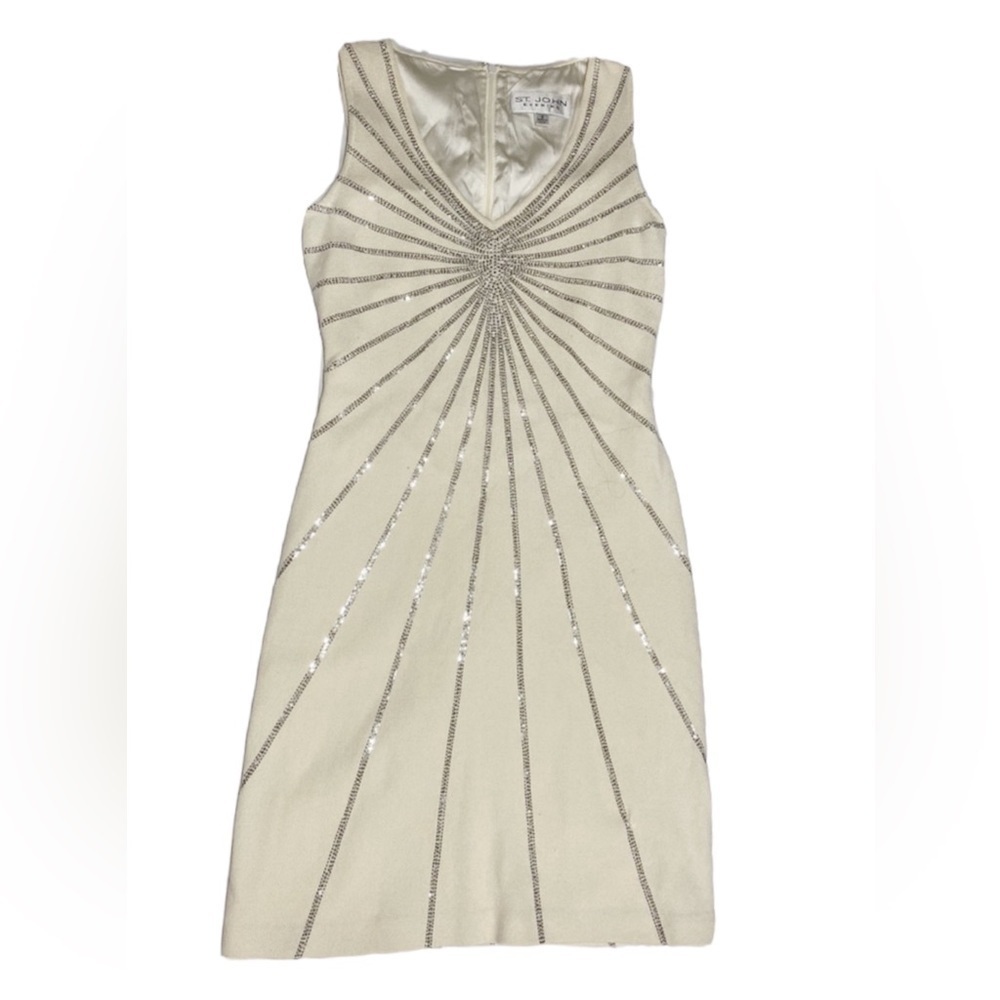 St. John Evening Off-white with Silver Sequins Dress SZ 2